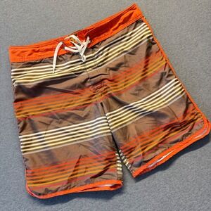 Old Navy Mens Large Brown Orange Striped Board Shorts Swim Trunks Mesh Lined 36W